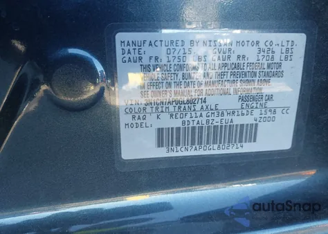 2016 Nissan Versa 1.6 S/1.6 S+/1.6 Sl/1.6 Sv из США, поврежденный, VIN 3N1CN7AP0GL802714